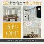 Horizon Shutters promo for social media, promoting 20% off shutters and blinds