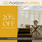 Horizon Shutters promo for social media, promoting 20% off shutters and blinds