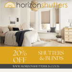 Horizon Shutters promo for social media, promoting 20% off shutters and blinds