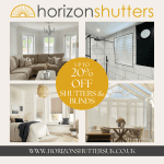 Horizon Shutters promo for social media, promoting 20% off shutters and blinds